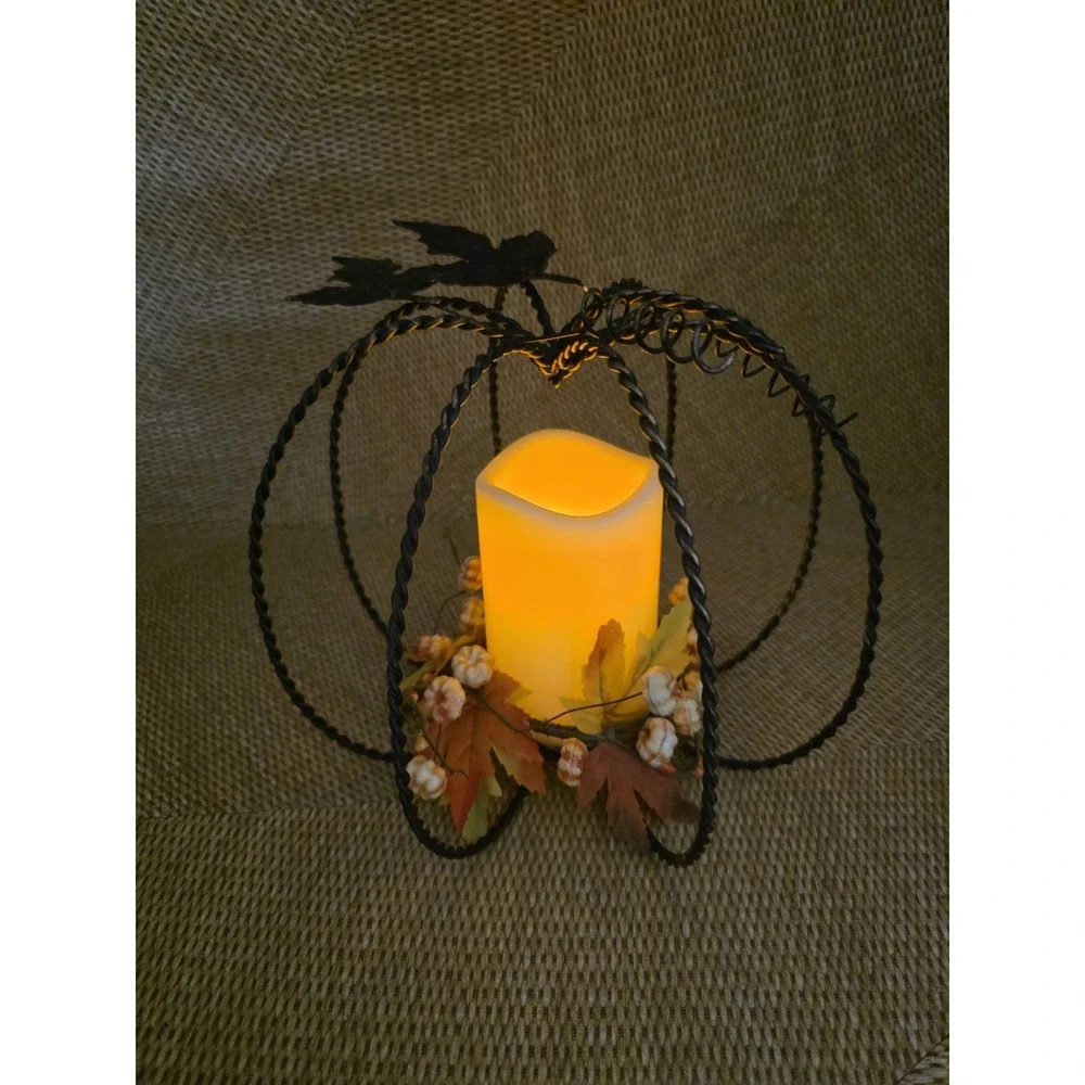 Thanksgiving Autumn Fall Pumpkin‎ Candle Holder Metal Frame LED Flameless Candle